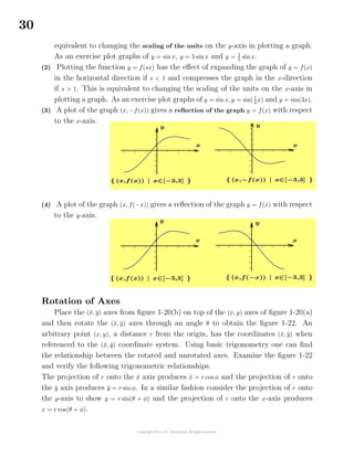 30
equivalent to changing the scaling of the units on the y-axis in plotting a graph.
As an exercise plot graphs of y = sin x, y = 5 sinx and y = 1
5
sinx.
(2) Plotting the function y = f(sx) has the eﬀect of expanding the graph of y = f(x)
in the horizontal direction if s < 1 and compresses the graph in the x-direction
if s > 1. This is equivalent to changing the scaling of the units on the x-axis in
plotting a graph. As an exercise plot graphs of y = sin x, y = sin(1
3
x) and y = sin(3x).
(3) A plot of the graph (x, −f(x)) gives a reﬂection of the graph y = f(x) with respect
to the x-axis.
(4) A plot of the graph (x, f(−x)) gives a reﬂection of the graph y = f(x) with respect
to the y-axis.
Rotation of Axes
Place the (¯x, ¯y) axes from ﬁgure 1-20(b) on top of the (x, y) axes of ﬁgure 1-20(a)
and then rotate the (¯x, ¯y) axes through an angle θ to obtain the ﬁgure 1-22. An
arbitrary point (x, y), a distance r from the origin, has the coordinates (¯x, ¯y) when
referenced to the (¯x, ¯y) coordinate system. Using basic trigonometry one can ﬁnd
the relationship between the rotated and unrotated axes. Examine the ﬁgure 1-22
and verify the following trigonometric relationships.
The projection of r onto the ¯x axis produces ¯x = r cos φ and the projection of r onto
the ¯y axis produces ¯y = r sin φ. In a similar fashion consider the projection of r onto
the y-axis to show y = r sin(θ + φ) and the projection of r onto the x-axis produces
x = r cos(θ + φ).
 