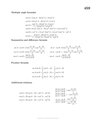 459
Multiple angle formulas
sin 5A =5 sinA − 20 sin3
A + 16 sin5
A
cos 5A =16 cos5
A − 20 cos3
A + 5 cos A
tan 5A =
tan5
A − 10 tan3
A + 5 tanA
1 − 10 tan2
A + 5 tan4
A
sin 6A =6 cos5
A sinA − 20 cos3
A sin3
A + 6 cos A sin5
A
cos 6A = cos6
A − 15 cos4
A sin2
A + 15 cos2
A sin4
A − sin6
A
tan 6A =
6 tanA − 20 tan3
A + 6 tan5
A
1 − 15 tan2
A + 15 tan4
A − tan6
A
Summation and diﬀerence formula
sinA + sinB =2 sin(
A + B
2
) cos(
A − B
2
),
cos A + cos B =2 cos(
A + B
2
) cos(
A − B
2
),
tan A + tanB =
sin(A + B)
cos A cos B
,
sinA − sin B =2 sin(
A − B
2
) cos(
A + B
2
)
cos A − cos B = − 2 sin(
A − B
2
) sin(
A + B
2
)
tanA − tan B =
sin(A − B)
cos A cos B
Product formula
sin A sinB =
1
2
cos(A − B) −
1
2
cos(A + B)
cos A cos B =
1
2
cos(A − B) +
1
2
cos(A + B)
sin A cos B =
1
2
sin(A − B) +
1
2
sin(A + B)
Additional relations
sin(A + B) sin(A − B) = sin2
A − sin2
B,
− sin(A + B) sin(A − B) = cos2
A − cos2
B,
cos(A + B) cos(A − B) = cos2
A − sin2
B,
sinA ± sinB
cos A + cos B
= tan(
A ± B
2
)
sinA ± sinB
cos A − cos B
= − cot(
A B
2
)
sin A + sinB
sin A − sinB
=
tan(
A + B
2
)
tan(
A − B
2
)
 