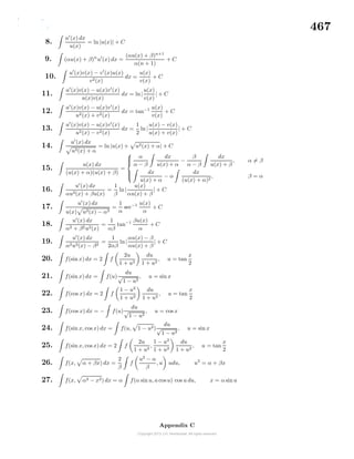 467
8.
u (x) dx
u(x)
= ln |u(x)| + C
9. (αu(x) + β)n
u (x) dx =
(αu(x) + β)n+1
α(n + 1)
+ C
10.
u (x)v(x) − v (x)u(x)
v2(x)
dx =
u(x)
v(x)
+ C
11.
u (x)v(x) − u(x)v (x)
u(x)v(x)
dx = ln|
u(x)
v(x)
| + C
12.
u (x)v(x) − u(x)v (x)
u2(x) + v2(x)
dx = tan−1 u(x)
v(x)
+ C
13.
u (x)v(x) − u(x)v (x)
u2(x) − v2(x)
dx =
1
2
ln |
u(x) − v(x)
u(x) + v(x)
| + C
14.
u (x) dx
u2(x) + α
= ln |u(x) + u2(x) + α| + C
15.
u(x) dx
(u(x) + α)(u(x) + β)
=



α
α − β
dx
u(x) + α
−
β
α − β
dx
u(x) + β
, α = β
dx
u(x) + α
− α
dx
(u(x) + α)2
, β = α
16.
u (x) dx
αu2(x) + βu(x)
=
1
β
ln|
u(x)
αu(x) + β
| + C
17.
u (x) dx
u(x) u2(x) − α2
=
1
α
sec−1 u(x)
α
+ C
18.
u (x) dx
α2 + β2u2(x)
=
1
αβ
tan−1 βu(x)
α
+ C
19.
u (x) dx
α2u2(x) − β2
=
1
2αβ
ln|
αu(x) − β
αu(x) + β
| + C
20. f(sin x) dx = 2 f
2u
1 + u2
du
1 + u2
, u = tan
x
2
21. f(sin x) dx = f(u)
du
√
1 − u2
, u = sin x
22. f(cos x) dx = 2 f
1 − u2
1 + u2
du
1 + u2
, u = tan
x
2
23. f(cos x) dx = − f(u)
du
√
1 − u2
, u = cos x
24. f(sin x, cos x) dx = f(u, 1 − u2)
du
√
1 − u2
, u = sin x
25. f(sin x, cos x) dx = 2 f
2u
1 + u2
,
1 − u2
1 + u2
du
1 + u2
, u = tan
x
2
26. f(x, α + βx) dx =
2
β
f
u2
− α
β
, u udu, u2
= α + βx
27. f(x, α2 − x2) dx = α f(α sin u, a cosu) cos u du, x = α sin u
Appendix C
 
