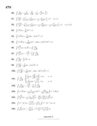 470
90.
dx
x2X3
=
−b
2a2X
−
2b
a3X
−
1
a3x
+
3b
a4
ln |
X
x
|
91.
x dx
Xn
=
1
b2
−1
(n − 2)Xn−2
+
a
(n − 1)Xn−1
+ C, n = 1, 2
92.
x2
dx
Xn
=
1
b3
−1
(n − 3)Xn−3
+
2a
(n − 2)Xn−2
−
a2
(n − 1)Xn−1
+ C, n = 1, 2, 3
93.
√
X dx =
2
3b
X3/2
+ C
94. x
√
X dx =
2
15b2
(3bx − 2a)X3/2
+ C
95. x2
√
X dx =
2
105b3
(8a2
− 12abx + 15b2
x2
)X3/2
+ C
96.
√
X
x
dx = 2
√
X + a
dx
x
√
X
97.
√
X
x2
dx = −
√
X
x
+
b
2
dx
x
√
X
98.
dx
√
X
=
2
b
√
X + C
99.
x dx
√
X
=
2
3b2
(bx − 2a)
√
X + C
100.
x2
dx
√
X
=
2
15b3
(8a2
− 4abx + 3b2
x2
)
√
X + C
101.
dx
x
√
X
=



1
√
a
ln |
√
X −
√
a
√
X +
√
a
| +C1, a > 0
2
√
−a
tan−1 X
−a
+ C2, a < 0
102.
dx
x2
√
X
= −
√
X
ax
−
b
2a
dx
x
√
X
103. xn
√
X dx =
2
(2n + 3)b
xn
X3/2
−
2na
(2n + 3)b
xn−1
√
X dx
104.
√
X
xn
dx =
−1
(n − 1)a
X3/2
xn−1
−
(2n − 5)b
2(n − 1)a
√
X
xn−1
dx
105. xm−1
Xn
dx =
xm
Xn
m + n
+
an
m + n
xm−1
Xn−1
dx + C
106.
Xn
xm+1
dx = −
Xn+1
ma xm
+
n − m + 1
m
b
a
Xn
xm
dx
Appendix C
 