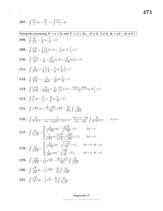471
107.
Xn
x
dx =
Xn
n
+ a
Xn−1
x
dx
Integrals containing X = a + bx and Y = α + βx, (b = 0, β = 0, ∆ = aβ − αb = 0 )
108.
dx
XY
=
1
∆
ln |
Y
X
| +C
109.
x dx
XY
=
1
∆
a
b
ln | X | −
α
β
ln | Y | + C
110.
x2
dx
XY
=
x
bβ
=
a2
b2∆
ln|X| +
α2
β2∆
ln|Y | + C
111.
dx
X2Y
=
1
∆
1
X
+
β
∆
ln |
Y
X
| + C
112.
x dx
X2Y
= −
a
b∆X
−
α
∆2
ln |
Y
X
| + C
113.
x2
dx
X2Y
=
a2
b2∆X
+
1
∆2
α2
β
ln|Y | +
a(aβ − 2αb)
b2
ln |X| + C
114.
X
Y
dx =
b
β
x +
∆
β2
ln|
Y
X
| + C
115.
√
XY dx =
∆ + 2bY
4bβ
√
XY −
∆2
8bβ
dx
√
XY
116.
dx
XnY m
=
−1
(m − 1)∆Xn−1Y m−1
+
(m + n − 2)b
(m − 1)∆
dx
XnY m−1
, m = 1
117.
dx
Y
√
X
=



2
√
−∆β
tan−1 β
√
X
√
−∆β
, +C1 ∆β < 0
1
√
∆β
ln|
β
√
X −
√
∆β
β
√
X +
√
∆β
| + C2, ∆β > 0
118.
dx
√
XY
=



2
√
−bβ
tan−1 −βX
bY
+ C1, bβ < 0, bY > 0
2
√
bβ
tanh−1 βX
bY
+ C2, bβ > 0, bY > 0
119.
x dx
√
XY
=
1
bβ
√
XY −
(bα + aβ)
2bβ
dx
√
XY
120.
√
Y
√
X
dx =
1
b
√
XY −
∆
2b
dx
√
XY
121.
√
X
Y
dx =
2
β
√
X +
∆
β
dx
Y
√
X
Appendix C
 