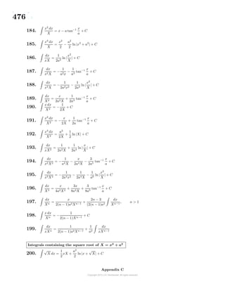 476
184.
x2
dx
X
= x − a tan−1 x
a
+ C
185.
x3
dx
X
=
x2
2
−
a2
2
ln|x2
+ a2
| + C
186.
dx
xX
=
1
2a2
ln |
x2
X
| + C
187.
dx
x2X
= −
1
a2x
−
1
a3
tan−1 x
a
+ C
188.
dx
x3X
= −
1
2a2x2
−
1
2a4
ln |
x2
X
| + C
189.
dx
X2
=
x
2a2X
+
1
2a3
tan−1 x
a
+ C
190.
x dx
X2
= −
1
2X
+ C
191.
x2
dx
X2
= −
x
2X
+
1
2a
tan−1 x
a
+ C
192.
x3
dx
X2
=
a2
2X
+
1
2
ln|X| + C
193.
dx
xX2
=
1
2a2X
+
1
2a4
ln |
x
X
| + C
194.
dx
x2X2
= −
1
a4X
−
x
2a4X
−
3
2a5
tan−1 x
a
+ C
195.
dx
x3X2
= −
1
2a4x2
−
1
2a4X
−
1
a6
ln|
x2
X
| + C
196.
dx
X3
=
x
4a2X2
+
3x
8a4X
+
3
8a5
tan−1 x
a
+ C
197.
dx
Xn
=
x
2(n − 1)a2Xn−1
+
2n − 3
(2(n − 1)a2
dx
Xn−1
, n > 1
198.
x dx
Xn
= −
1
2(n − 1)Xn−1
+ C
199.
dx
xXn
=
1
2(n − 1)a2Xn−1
+
1
a2
dx
xXn−1
Integrals containing the square root of X = x2
+ a2
200.
√
X dx =
1
2
xX +
a2
2
ln |x +
√
X| + C
Appendix C
 