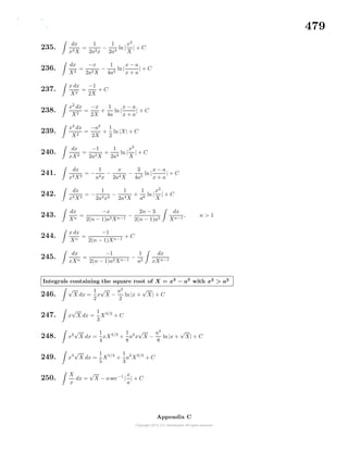 479
235.
dx
x3X
=
1
2a2x
−
1
2a4
ln |
x2
X
| + C
236.
dx
X2
=
−x
2a2X
−
1
4a3
ln|
x − a
x + a
| + C
237.
x dx
X2
=
−1
2X
+ C
238.
x2
dx
X2
=
−x
2X
+
1
4a
ln|
x − a
x + a
| + C
239.
x3
dx
X2
=
−a2
2X
+
1
2
ln |X| + C
240.
dx
xX2
=
−1
2a2X
+
1
2a4
ln |
x2
X
| + C
241.
dx
x2X2
= −
1
a4x
−
x
2a4X
−
3
4a5
ln |
x − a
x + a
| + C
242.
dx
x3X2
= −
1
2a4x2
−
1
2a4X
+
1
a6
ln|
x2
X
| + C
243.
dx
Xn
=
−x
2(n − 1)a2Xn−1
−
2n − 3
2(n − 1)a2
dx
Xn−1
, n > 1
244.
x dx
Xn
=
−1
2(n − 1)Xn−1
+ C
245.
dx
xXn
=
−1
2(n − 1)a2Xn−1
−
1
a2
dx
xXn−1
Integrals containing the square root of X = x2
− a2
with x2
> a2
246.
√
X dx =
1
2
x
√
X −
a2
2
ln|x +
√
X| + C
247. x
√
X dx =
1
3
X3/2
+ C
248. x2
√
X dx =
1
4
xX3/2
+
1
8
a2
x
√
X −
a4
8
ln|x +
√
X| + C
249. x3
√
X dx =
1
5
X5/2
+
1
3
a2
X3/2
+ C
250.
X
x
dx =
√
X − a sec−1
|
x
a
| + C
Appendix C
 