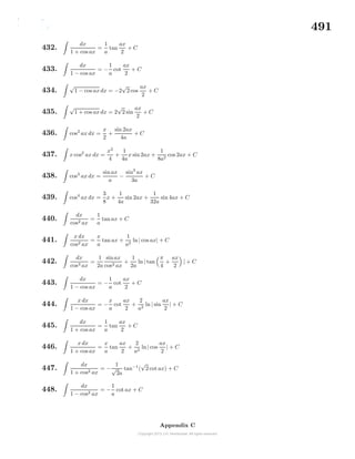 491
432.
dx
1 + cos ax
=
1
a
tan
ax
2
+ C
433.
dx
1 − cos ax
= −
1
a
cot
ax
2
+ C
434.
√
1 − cos ax dx = −2
√
2cos
ax
2
+ C
435.
√
1 + cos ax dx = 2
√
2 sin
ax
2
+ C
436. cos2
ax dx =
x
2
+
sin 2ax
4a
+ C
437. x cos2
ax dx =
x2
4
+
1
4a
x sin 2ax +
1
8a2
cos 2ax + C
438. cos3
ax dx =
sinax
a
−
sin3
ax
3a
+ C
439. cos4
ax dx =
3
8
x +
1
4a
sin 2ax +
1
32a
sin 4ax + C
440.
dx
cos2 ax
=
1
a
tan ax + C
441.
x dx
cos2 ax
=
x
a
tan ax +
1
a2
ln| cos ax| + C
442.
dx
cos3 ax
=
1
2a
sinax
cos2 ax
+
1
2a
ln | tan
π
4
+
ax
2
| + C
443.
dx
1 − cos ax
= −
1
a
cot
ax
2
+ C
444.
x dx
1 − cos ax
= −
x
a
cot
ax
2
+
2
a2
ln | sin
ax
2
| + C
445.
dx
1 + cos ax
=
1
a
tan
ax
2
+ C
446.
x dx
1 + cos ax
=
x
a
tan
ax
2
+
2
a2
ln| cos
ax
2
| + C
447.
dx
1 + cos2 ax
= −
1
√
2a
tan−1
(
√
2cot ax) + C
448.
dx
1 − cos2 ax
= −
1
a
cot ax + C
Appendix C
 
