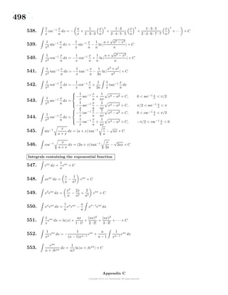 498
538.
1
x
csc−1 x
a
dx = −
a
x
+
1
2 · 3 · 3
x
a
3
+
1 · 3
2 · 4 · 5 · 5
x
a
5
+
1 · 3 · 5
2 · 4 · 6 · 7 · 7
x
a
7
+ · · · + C
539.
1
x2
sin−1 x
a
dx = −
1
x
sin−1 x
a
−
1
a
ln|
a +
√
a2 − x2
a
| + C
540.
1
x2
cos−1 x
a
dx = −
1
x
cos−1 x
a
+
1
a
ln |
a +
√
a2 − x2
a
| + C
541.
1
x2
tan−1 x
a
dx = −
1
x
tan−1 x
a
−
1
2a
ln|
x2
+ a2
a2
| + C
542.
1
x2
cot−1 x
a
dx = −
1
x
cot−1 x
a
+
1
2a
1
x
tan−1 x
a
dx
543.
1
x2
sec−1 x
a
dx =



−
1
x
sec−1 x
a
+
1
ax
x2 − a2 + C, 0 < sec−1 x
a < π/2
−
1
x
sec−1 x
a
−
1
ax
x2 − a2 + C, π/2 < sec−1 x
a < π
544.
1
x2
csc−1 x
a
dx =



−
1
x
csc−1 x
a
−
1
ax
x2 − a2 + C, 0 < csc−1 x
a
< π/2
−
1
x
csc−1 x
a
+
1
ax
x2 − a2 + C, −π/2 < csc−1 x
a
< 0
545. sin−1 x
a + x
dx = (a + x) tan−1 x
a
−
√
ax + C
546. cos−1 x
a + x
dx = (2a + x) tan−1 x
2a
−
√
2ax + C
Integrals containing the exponential function
547. eax
dx =
1
a
eax
+ C
548. xeax
dx =
x
a
−
1
a2
eax
+ C
549. x2
eax
dx =
x2
a
−
2x
a2
+
2
a3
eax
+ C
550. xn
eax
dx =
1
a
xn
eax
−
n
a
xn−1
eax
dx
551.
1
x
eax
dx = ln|x| +
ax
1 · 1!
+
(ax)2
2 · 2!
+
(ax)3
3 · 3!
+ · · · + C
552.
1
xn
eax
dx = −
1
(n − 1)xn−1
eax
+
a
n − 1
1
xn−1
eax
dx
553.
eax
α + βeax
dx =
1
aβ
ln|α + βeax
| + C
Appendix C
 