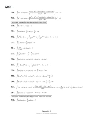 500
568. eax
sin2
bx dx =
a2
+ 4b2
− a2
cos(2bx) − 2ab sin(2bx)
2a(a2 + 4b2
eax
+ C
569. eax
cos2
bx dx =
a2
+ 4b2
+ a2
cos(2bx) + 2ab sin(2bx)
2a(a2 + 4b2
eax
+ C
Integrals containing the logarithmic function
570. ln x dx = x ln|x| + C
571. x lnx dx =
1
2
x2
ln|x| −
1
4
x2
+ C
572. xn
ln x dx =
1
(n + 1)2
xn+1
+
1
n + 1
xn+1
ln |x| + C, n = −1
573.
1
x
lnx dx =
1
2
(ln |x|)2
+ C
574.
dx
x lnx
= ln | ln|x|| + C
575.
1
x2
ln x dx = −
1
x
−
1
x
ln|x| + C
576. (ln |x|)2
dx = x(ln|x|)2
− 2x ln|x| + 2x + C
577.
1
x
(ln |x|)
n
dx =
1
n + 1
(ln|x|)
n+1
+ C, n = −1
578. (ln |x|)n
dx = x(ln|x|)n
− n (ln |x|)n−1
dx
579. ln |x2
+ a2
| dx = x ln|x2
+ a2
| − 2x + 2a tan−1 x
a
+ C
580. ln |x2
− a2
| dx = x ln|x2
− a2
| − 2x + a ln|
x + a
x − a
| + C
581. (ax + b) ln(βx + γ) dx =
β2
(ax + b)2
− (bβ − aγ)2
2aβ2
ln(βx + γ) −
a
4β2
(βx + γ)2
−
1
β
(bβ − aγ)x + C
582. (ln ax)2
dx = x(lnax)2
− 2x lnax + 2x + C
Integrals containing the hyperbolic function sinh ax
583. sinh ax dx =
1
a
cosh ax + C
Appendix C
 