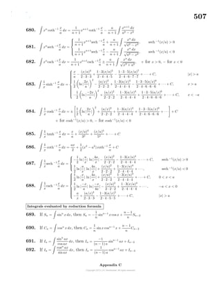 507
680. xn
coth−1 x
a
dx =
1
n + 1
xn+1
coth−1 x
a
−
a
n + 1
xn+1
dx
a2 − x2
681. xn
sech −1 x
a
dx =



1
n + 1
xn+1
sech −1 x
a
+
a
n + 1
xn
dx
√
a2 − x2
, sech −1
(x/a) > 0
1
n + 1
xn+1
sech −1 x
a
−
a
n + 1
xn
dx
√
a2 − x2
, sech −1
(x/a) < 0
682. xn
csch −1 x
a
dx =
1
n + 1
xn+1
csch −1 x
a
±
a
n + 1
xn
dx
√
x2 + a2
, + for x > 0, − for x < 0
683.
1
x
sinh−1 x
a
dx =



x
a
−
(x/a)3
2 · 3 · 3
+
1 · 3(x/a)5
2 · 4 · 4 · 5
−
1 · 3 · 5(x/a)7
2 · 4 · 6 · 7 · 7
+ · · · + C, |x| > a
1
2
ln |
2x
a
|
2
−
(a/x)2
2 · 2 · 2
+
1 · 3(a/x)4
2 · 4 · 4 · 4
−
1 · 3 · 5(a/x)6
2 · 4 · 6 · 6 · 6
+ · · · + C, x > a
−
1
2
ln |
−2x
a
|
2
+
(a/x)2
2 · 2 · 2
−
1 · 3(a/x)4
2 · 4 · 4 · 4
+
1 · 3 · 5(a/x)6
2 · 4 · 6 · 6 · 6
+ · · · + C, x < −a
684.
1
x
cosh−1 x
a
dx = ±
1
2
ln|
2x
a
|
2
+
(a/x)2
2 · 2 · 2
+
1 · 3(a/x)4
2 · 4 · 4 · 4
+
1 · 3 · 5(a/x)6
2 · 4 · 6 · 6 · 6
+ · · · + C
+ for cosh−1
(x/a) > 0, − for cosh−1
(x/a) < 0
685.
1
x
tanh−1 x
a
dx =
x
a
+
(x/a)3
32
+
(x/a)5
52
+ · · · + C
686.
1
x
coth−1 x
a
dx =
ax
2
+
1
2
(x2
− a2
) coth−1 x
a
+ C
687.
1
x
sech −1 x
a
dx =



−
1
2
ln|
a
x
| ln|
4a
x
| −
(x/a)2
2 · 2 · 2
−
1 · 3(x/a)4
2 · 4 · 4 · 4
− · · · + C, sech −1
(x/a) > 0
1
2
ln |
a
x
| ln |
4a
x
| +
(x/a)2
2 · 2 · 2
+
1 · 3(x/a)4
2 · 4 · 4 · 4
+ · · ·, sech −1
(x/a) < 0
688.
1
x
csch −1 x
a
dx =



1
2
ln |
x
a
| ln |
4a
x
| +
(x/a)2
2 · 2 · 2
−
1 · 3(x/a)4
2 · 4 · 4 · 4
+ · · · + C, 0 < x < a
1
2
ln |
−x
a
| ln|
−x
4a
| −
(x/a)2
2 · 2 · 2
+
1 · 3(x/a)4
2 · 4 · 4 · 4
− · · · , −a < x < 0
−
a
x
+
(a/x)3
2 · 3 · 3
−
1 · 3(a/x)5
2 · 4 · 5 · 5
+ · · · + C, |x| > a
Integrals evaluated by reduction formula
689. If Sn = sinn
x dx, then Sn = −
1
n
sinn−1
x cos x +
n − 1
n
Sn−2
690. If Cn = cosn
x dx, then Cn =
1
n
sinx cosn−1
x +
n − 1
n
Cn−2
691. If In =
sinn
ax
cos ax
dx, then In =
−1
(n − 1) a
sinn−1
ax + In−2
692. If In =
cosn
ax
sin ax
dx, then In =
1
(n − 1) a
cosn−1
ax + In−2
Appendix C
 