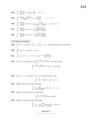 519
144.
∞
0
sinh px
sinh qx
dx =
π
2q
tan(
πp
2q
), |p| < q
145.
∞
0
cosh ax − cosh bx
sinh πx
dx = ln
cos b
2
cos a
2
, −π < b < a < π
146.
∞
0
sinh px
sinh qx
cos mx dx =
π
2q
sin πp
q
cos πp
q
+ cosh πm
q
, q > 0, p2
< q2
147.
∞
0
sinh px
cosh qx
sin mx dx =
π
q
sin pπ
2q
sinh mπ
2q
cos pπ
q + cosh mπ
q
148.
∞
0
cosh px
cosh qx
cos mx dx =
π
q
cos pπ
2q cosh mπ
2q
cos pπ
q + cosh mπ
q
Miscellaneous Integrals
149.
x
0
ξλ−1
[1 − ξµ
]ν
dξ =
xλ
λ
F (−ν,
λ
µ
;
λ
µ
+ 1; xµ
) See hypergeometric function
150.
π
0
cos(nφ − x sin φ) dφ = π Jn(x)
151.
a
−a
(a + x)m−1
(a − x)n−1
dx = (2a)m+n−1 Γ(m)Γ(n)
Γ(m + n)
152. If f (x) is continuous and
∞
1
f(x) − f(∞)
x
dx converges, then
∞
0
f(ax) − f(bx)
x
dx = [f(0) − f(∞)] ln
b
a
153. If f(x) = f(−x) so that f(x) is an even function, then
∞
0
f x −
1
x
dx =
∞
0
f(x) dx
154. Elliptic integral of the ﬁrst kind
θ
0
dθ
1 − k2 sin2
θ
= F (θ, k), 0 < k < 1
155. Elliptic integral of the second kind
θ
0
1 − k2 sin2
θ dθ = E(θ, k)
156. Elliptic integral of the third kind
θ
0
dθ
(1 + n sin2
θ) 1 − k2 sin2
θ
= Π(θ, k, n)
Appendix C
 