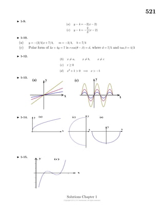 521
1-9.
(a) y − 4 = −2(x − 2)
(c) y − 4 = −
2
3
(x − 2)
1-10.
(a) y = −(3/4)x + 7/4, m = −3/4, b = 7/4
(c) Polar form of 3x + 4y = 7 is r cos(θ − β) = d, where d = 7/5 and tanβ = 4/3
1-12.
(b) x = a, x = b, x = c
(c) r ≥ 0
(d) x3
+ 1 > 0 =⇒ x > −1
1-13.
1-14.
1-15.
Solutions Chapter 1
 