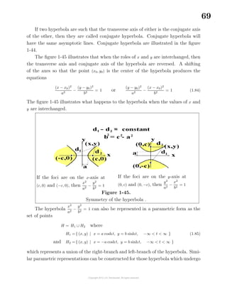 69
If two hyperbola are such that the transverse axis of either is the conjugate axis
of the other, then they are called conjugate hyperbola. Conjugate hyperbola will
have the same asymptotic lines. Conjugate hyperbola are illustrated in the ﬁgure
1-44.
The ﬁgure 1-45 illustrates that when the roles of x and y are interchanged, then
the transverse axis and conjugate axis of the hyperbola are reversed. A shifting
of the axes so that the point (x0, y0) is the center of the hyperbola produces the
equations
(x − x0)2
a2
−
(y − y0)2
b2
= 1 or
(y − y0)2
a2
−
(x − x0)2
b2
= 1 (1.84)
The ﬁgure 1-45 illustrates what happens to the hyperbola when the values of x and
y are interchanged.
If the foci are on the x-axis at
(c, 0) and (−c, 0), then
x2
a2
−
y2
b2
= 1
If the foci are on the y-axis at
(0, c) and (0, −c), then
y2
a2
−
x2
b2
= 1
Figure 1-45.
Symmetry of the hyperbola .
The hyperbola
x2
a2
−
y2
b2
= 1 can also be represented in a parametric form as the
set of points
H = H1 ∪ H2 where
H1 ={ (x, y) | x = a cosht, y = b sinht, −∞ < t < ∞ }
and H2 ={ (x, y) | x = −a cosht, y = b sinht, −∞ < t < ∞ }
(1.85)
which represents a union of the right-branch and left-branch of the hyperbola. Simi-
lar parametric representations can be constructed for those hyperbola which undergo
 