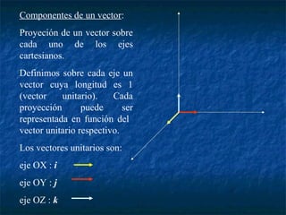 Componentes de un vector: 
Proyeción de un vector sobre 
cada uno de los ejes 
cartesianos. 
Definimos sobre cada eje un 
vector cuya longitud es 1 
(vector unitario). Cada 
proyección puede ser 
representada en función del 
vector unitario respectivo. 
Los vectores unitarios son: 
eje OX : i 
eje OY : j 
eje OZ : k 
 