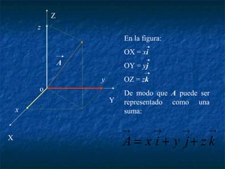 A 
x 
y 
z 
o 
X 
Y 
Z 
En la figura: 
OX = xi 
OY = yj 
OZ = zk 
De modo que A puede ser 
representado como una 
suma: 
® ® ® ® 
A = x i + y j+ z k 
 