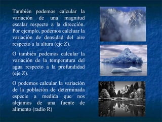 También podemos calcular la 
variación de una magnitud 
escalar respecto a la dirección. 
Por ejemplo, podemos calcluar la 
variación de densidad del aire 
respecto a la altura (eje Z). 
O también podemos calcular la 
variación de la temperatura del 
agua respecto a la profundidad 
(eje Z). 
O podemos calcular la variación 
de la población de determinada 
especie a medida que nos 
alejamos de una fuente de 
alimento (radio R) 
 