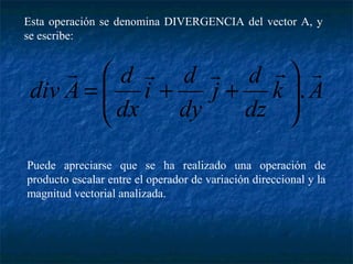 Esta operación se denomina DIVERGENCIA del vector A, y 
se escribe: 
     
æ 
= + + 
j d 
ö 
k A 
dz 
i d 
dx 
dy 
div A d 
. ÷ ÷ø 
ç çè 
Puede apreciarse que se ha realizado una operación de 
producto escalar entre el operador de variación direccional y la 
magnitud vectorial analizada. 
 