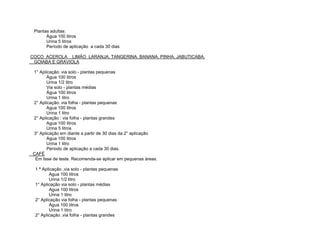 Plantas adultas:
       Água 100 litros
       Urina 5 litros
       Período de aplicação a cada 30 dias

COCO ACEROLA LIMÃO LARANJA. TANGERINA. BANANA. PINHA. JABUTICABA.
 GOIABA E GRAVIOLA

1° Aplicação: via solo - plantas pequenas
      Água 100 litros
      Urina 1/2 litro
      Via solo - plantas médias
      Água 100 litros
      Urina 1 litro
2° Aplicação: via folha - plantas pequenas
      Agua 100 litros
      Urina 1 litro
2° Aplicação : via folha - plantas grandes
      Agua 100 litros
      Urina 5 litros
3° Aplicação em diante a partir de 30 dias da 2° aplicação
      Agua 100 litros
      Urina 1 litro
      Período de aplicação a cada 30 dias.
CAFÉ
 Em fase de teste. Recomenda-se aplicar em pequenas áreas.

 1 ª ApIicação ,via solo - plantas pequenas
        Agua 100 litros
        Urina 1/2 litro
 1° Aplicação via solo - plantas médias
        Agua 100 litros
        Urina 1 litro
 2° Aplicação via folha - plantas pequenas
        Água 100 litros
        Urina 1 litro
 2° Aplicação ,via folha - plantas grandes
 