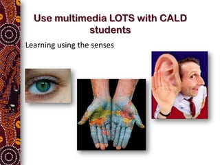 Use multimedia LOTS with CALD
                 students
•   Learning using the senses
 