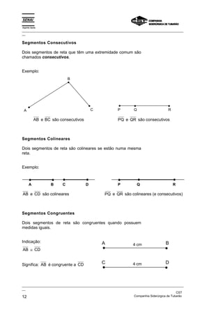Espírito Santo
_________________________________________________________________________________________________
__

Segmentos Consecutivos

Dois segmentos de reta que têm uma extremidade comum são
chamados consecutivos.


Exemplo:
                            B




 A                                         C              P         Q                    R

           AB e BC são consecutivos                       PQ e QR são consecutivos



Segmentos Colineares

Dois segmentos de reta são colineares se estão numa mesma
reta.


Exemplo:



      A            B    C              D                  P             Q                    R

AB e CD são colineares                            PQ e QR são colineares (e consecutivos)



Segmentos Congruentes

Dois segmentos de reta são congruentes quando possuem
medidas iguais.


Indicação:                                      A                                       B
                                                                    4 cm
AB ≅ CD


Significa: AB é congruente a CD                 C                   4 cm                D



_________________________________________________________________________________________________
__
                                                                                               CST
12                                                                 Companhia Siderúrgica de Tubarão
 