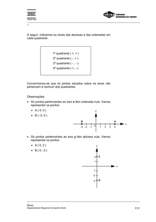 Espírito Santo
_________________________________________________________________________________________________
__




A seguir, indicamos os sinais das abcissas e das ordenadas em
cada quadrante:




                      1º quadrante ( +, + )
                      2º quadrante ( -, + )
                      3º quadrante ( - , - )
                      4º quadrante ( +, - )




Convencionou-se que os pontos situados sobre os eixos não
pertencem a nenhum dos quadrantes.


Observações:
• Os pontos pertencentes ao eixo x têm ordenada nula. Vamos
  representar os pontos:
     • A ( 4, 0 )                                                y

     • B ( -3, 0 )

                                               B                                 A
                                                                                         x
                                                            0
                                               -3 -2   -1            1   2   3   4



• Os pontos pertencentes ao eixo y têm abcissa nula. Vamos
  representar os pontos:
     • A ( 0, 2 )                                                y

     • B ( 0, -3 )

                                                             2       C

                                                             1
                                                                                     x
                                                            -1

                                                            -2

                                                            -3       D




_________________________________________________________________________________________________
__
SENAI
Departamento Regional do Espírito Santo                                                     111
 