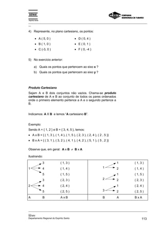 Espírito Santo
_________________________________________________________________________________________________
__

4) Represente, no plano cartesiano, os pontos:

        • A ( 5, 0 )                     • D ( 0, 4 )
        • B ( 1, 0 )                     • E ( 0, 1 )
        • C (-3, 0 )                     • F ( 0, -4 )


5) No exercício anterior:

       a) Quais os pontos que pertencem ao eixo x ?
       b) Quais os pontos que pertencem ao eixo y ?




Produto Cartesiano
Sejam A e B dois conjuntos não vazios. Chama-se produto
cartesiano de A e B ao conjunto de todos os pares ordenados
onde o primeiro elemento pertence a A e o segundo pertence a
B.


Indicamos: A X B e lemos “A cartesiano B”.


Exemplo:
Sendo A = { 1, 2 } e B = { 3, 4, 5 }, temos:
• A x B = { ( 1, 3 ), ( 1, 4 ), ( 1, 5 ), ( 2, 3 ), ( 2, 4 ), ( 2 , 5 )}
• B x A = { ( 3, 1 ), ( 3, 2 ), ( 4, 1 ), ( 4, 2 ), ( 5, 1 ), ( 5 , 2 )}

Observe que, em geral: A x B ≠ B x A

Ilustrando:

                 3          ( 1, 3 )                                       1          ( 1, 3 )
1                4          ( 1, 4 )                              1        2          ( 1, 4 )
                 5          ( 1, 5 )                                       1          ( 1, 5 )
                 3          ( 2, 3 )                              2        2          ( 2, 3 )
2                4          ( 2, 4 )                                       1          ( 2, 4 )
                 5          ( 2, 5 )                              3        2          ( 2, 5 )
A                B          AxB                                   B        A          BxA



_________________________________________________________________________________________________
__
SENAI
Departamento Regional do Espírito Santo                                                     113
 