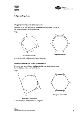 Espírito Santo
_________________________________________________________________________________________________
__

Polígonos Regulares




Polígono inscrito numa circunferência
Dizemos que um polígono é inscrito quando todos os seus
vértices pertencem à circunferência.
Veja:
                       D                                           E           F




             A                                              J                           G

                                             C


                                                                   I           H
                           B
                                                                  Hexágono inscrito
                   Quadrilátero inscrito

A circunferência está circunscrita ao polígono.


Polígono circunscrito a uma circunferência
Dizemos que um polígono é circunscrito quando todos os seus
lados são tangentes à circunferência.
Veja:
        P                             S                            E           F




                                                        J                               G



                                                 R

                                                                   I           H

                       Q                                        Hexágono circunscrito

                 Quadrilátero circunscrito

A circunferência está inscrita no polígono.


_________________________________________________________________________________________________
__
SENAI
Departamento Regional do Espírito Santo                                                     175
 