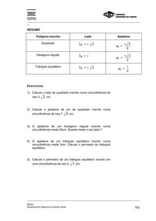 Espírito Santo
_________________________________________________________________________________________________
__

RESUMO

             Polígono inscrito                   Lado                        Apótema

                    Quadrado                λ4   = r    2
                                                                            a4 =
                                                                                     r       2
                                                                                         2

                 Hexágono regular           λ6   = r
                                                                            a6 =
                                                                                     r       3
                                                                                         2

            Triângulo equilátero            λ3   = r    3                     a3 =
                                                                                         r
                                                                                         2




Exercícios:

1) Calcule o lado de quadrado inscrito numa circunferência de
   raio 3 2 cm.



2) Calcule o apótema de um de quadrado inscrito numa
   circunferência de raio 7 8 cm.



3) O apótema de um hexágono regular inscrito numa
   circunferência mede 30cm. Quanto mede o seu lado ?



4) O apótema de um triângulo equilátero inscrito numa
   circunferência mede 5cm. Calcule o perímetro do triângulo
   equilátero.



5) Calcule o perímetro de um triângulo equilátero inscrito em
   uma circunferência de raio 2 3 cm.




_________________________________________________________________________________________________
__
SENAI
Departamento Regional do Espírito Santo                                                     183
 