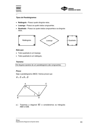 Espírito Santo
_________________________________________________________________________________________________
__

Tipos de Paralelogramos

• Retângulo - Possui quatro ângulos retos.
• Losango - Possui os quatro lados congruentes.
• Quadrado - Possui os quatro lados congruentes e os ângulos
  retos.




                 Retângulos                 Losango                         Quadrado




Note que:
• Todo quadrado é um losango.
• Todo quadrado é um retângulo.


Teorema:
Os ângulos opostos de um paralelogramo são congruentes.


Prova:
Seja o paralelogramo ABCD. Vamos provar que
∃   ∃  ∃  ∃
A ≅ C eB ≅D


                   A                      C
                        ^
                   ^    2
                   1

                                  ^
                                  4
                              ^
                              3

  B                               D



a)       Tracemos a diagonal BD e consideremos os triângulos
         ABD e CDB.




_________________________________________________________________________________________________
__
SENAI
Departamento Regional do Espírito Santo                                                       63
 