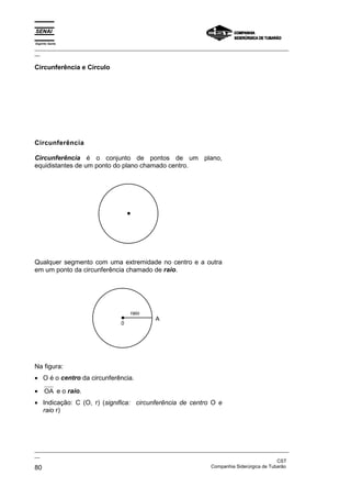 Espírito Santo
_________________________________________________________________________________________________
__

Circunferência e Círculo




Circunferência

Circunferência é o conjunto de pontos de um plano,
equidistantes de um ponto do plano chamado centro.




Qualquer segmento com uma extremidade no centro e a outra
em um ponto da circunferência chamado de raio.




                                     raio
                                               A
                                 0




Na figura:
• O é o centro da circunferência.

•     OA e o raio.
• Indicação: C (O, r) (significa: circunferência de centro O e
  raio r)




_________________________________________________________________________________________________
__
                                                                                               CST
80                                                                 Companhia Siderúrgica de Tubarão
 