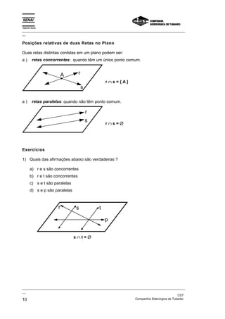 Espírito Santo
_________________________________________________________________________________________________
__

Posições relativas de duas Retas no Plano

Duas retas distintas contidas em um plano podem ser:
a)       retas concorrentes: quando têm um único ponto comum.


                          A        r
                                                   r∩s={A}
                                       s

a)       retas paralelas: quando não têm ponto comum.

                                           r
                                           s       r∩s=∅




Exercícios

1) Quais das afirmações abaixo são verdadeiras ?

       a) r e s são concorrentes
       b) r e t são concorrentes
       c) s e t são paralelas
       d) s e p são paralelas



                      r         s              t

                                                   p


                                s∩t=∅




_________________________________________________________________________________________________
__
                                                                                               CST
10                                                                 Companhia Siderúrgica de Tubarão
 