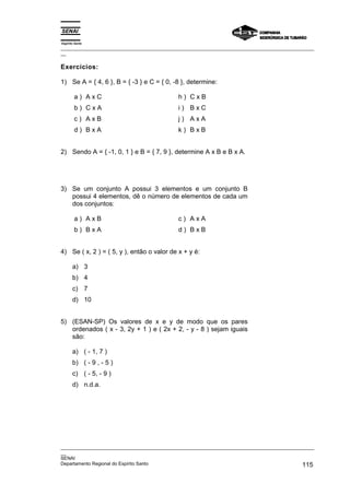 Espírito Santo
_________________________________________________________________________________________________
__
_________________________________________________________________________________________________
__
SENAI
Departamento Regional do Espírito Santo 115
Exercícios:
1) Se A = { 4, 6 }, B = { -3 } e C = { 0, -8 }, determine:
a ) A x C
b ) C x A
c ) A x B
d ) B x A
h ) C x B
i ) B x C
j ) A x A
k ) B x B
2) Sendo A = { -1, 0, 1 } e B = { 7, 9 }, determine A x B e B x A.
3) Se um conjunto A possui 3 elementos e um conjunto B
possui 4 elementos, dê o número de elementos de cada um
dos conjuntos:
a ) A x B
b ) B x A
c ) A x A
d ) B x B
4) Se ( x, 2 ) = ( 5, y ), então o valor de x + y é:
a) 3
b) 4
c) 7
d) 10
5) (ESAN-SP) Os valores de x e y de modo que os pares
ordenados ( x - 3, 2y + 1 ) e ( 2x + 2, - y - 8 ) sejam iguais
são:
a) ( - 1, 7 )
b) ( - 9 , - 5 )
c) ( - 5, - 9 )
d) n.d.a.
 