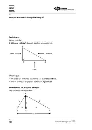 Espírito Santo
_________________________________________________________________________________________________
__
_________________________________________________________________________________________________
__
CST
126 Companhia Siderúrgica de Tubarão
Relações Métricas no Triângulo Retângulo
Preliminares
Vamos recordar:
O triângulo retângulo é aquele que tem um ângulo reto.
B
A
C
Cateto Hipotenusa
Cateto
Observe que:
• Os lados que formam o ângulo reto são chamados catetos.
• O lado oposto ao ângulo reto é chamado hipotenusa.
Elementos de um triângulo retângulo
Seja o triângulo retângulo ABC:
E
A
C
B
b
c
h
n
m
a
 
