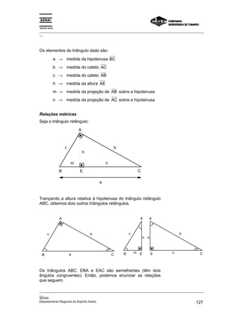 Espírito Santo
_________________________________________________________________________________________________
__
_________________________________________________________________________________________________
__
SENAI
Departamento Regional do Espírito Santo 127
Os elementos do triângulo dado são:
a → medida da hipotenusa BC
b → medida do cateto AC
c → medida do cateto AB
h → medida da altura AE
m → medida da projeção de AB sobre a hipotenusa
n → medida da projeção de AC sobre a hipotenusa
Relações métricas
Seja o triângulo retângulo:
E
A
C
B
b
c
h
n
m
a
Trançando a altura relativa à hipotenusa do triângulo retângulo
ABC, obtemos dois outros triângulos retângulos.
A
C
B
b
c
a E
A
C
B
b
c
h
n
m
h
A
E
Os triângulos ABC, EBA e EAC são semelhantes (têm dois
ângulos congruentes). Então, podemos enunciar as relações
que seguem.
 
