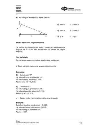 Espírito Santo
_________________________________________________________________________________________________
__
_________________________________________________________________________________________________
__
SENAI
Departamento Regional do Espírito Santo 145
4) No triângulo retângulo da figura, calcule:
8
15
B A
C
β
α
a ) seno α
b ) cons α
c ) tg α
a ) seno β
b ) cons β
c ) tg β
Tabela de Razões Trigonométricas
Os valores aproximados dos senos, cossenos e tangentes dos
ângulos de 1º a 89º são encontrados na tabela da página
seguinte.
Uso da Tabela
Com a tabela podemos resolver dois tipos de problemas:
• Dado o ângulo, determinar a razão trigonométrica.
Exemplos:
1 ) Calcule sen 15º.
Na coluna ângulo, procuramos 15º.
Na coluna seno, achamos 0,2588.
Assim: seno 15º = 0,2588.
2 ) Calcule tg 50º.
Na coluna ângulo, procuramos 50º.
Na coluna tangente, achamos 1,1918.
Assim: tg 50º = 1,1918.
• Dada a razão trigonométrica, determinar o ângulo.
Exemplo:
Calcule o ângulo x, sendo cos x = 0,4226.
Na coluna cosseno, procuramos 0,4226.
Na coluna ângulo, achamos 65º.
Assim: x = 65º
 