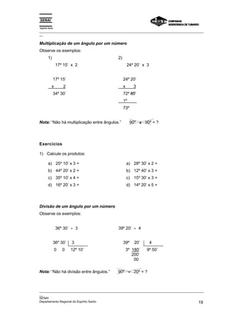 Espírito Santo
_________________________________________________________________________________________________
__
_________________________________________________________________________________________________
__
SENAI
Departamento Regional do Espírito Santo 19
Multiplicação de um ângulo por um número
Observe os exemplos:
1)
17º 15’ x 2
17º 15’
x 2
34º 30’
2)
24º 20’ x 3
24º 20’
x 3
72º 60’
1º
73º
Nota: “Não há multiplicação entre ângulos.” 90º x 90º = ?
Exercícios
1) Calcule os produtos:
a) 25º 10’ x 3 =
b) 44º 20’ x 2 =
c) 35º 10’ x 4 =
d) 16º 20’ x 3 =
a) 28º 30’ x 2 =
b) 12º 40’ x 3 =
c) 15º 30’ x 3 =
d) 14º 20’ x 5 =
Divisão de um ângulo por um número
Observe os exemplos:
36º 30’ ÷ 3
36º 30’ 3
0 0 12º 10’
39º 20’ ÷ 4
39º 20’ 4
3º 180’ 9º 50’
200’
00
Nota: “Não há divisão entre ângulos.” 90º ÷
÷
÷
÷ 20º = ?
 