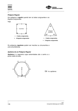 Espírito Santo
_________________________________________________________________________________________________
__
_________________________________________________________________________________________________
__
CST
176 Companhia Siderúrgica de Tubarão
Polígono Regular
Um polígono é regular quando tem os lados congruentes e os
ângulos congruentes.
Veja:
Quadrilátero
• 4 lados congruentes.
• 4 ângulos congruentes
Triângulo
Equilátero
60º
60º 60º
• 3 lados congruentes.
• 3 ângulos congruentes.
Os polígonos regulares podem ser inscritos ou circunscritos a
uma circunferência.
Apótema de um Polígono Regular
Apótema é o segmento cujas extremidades são o centro e o
ponto médio do lado.
H
F
C
E
D
G
O
M
OM é o apótema.
 