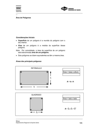 Espírito Santo
_________________________________________________________________________________________________
__
_________________________________________________________________________________________________
__
SENAI
Departamento Regional do Espírito Santo 185
Área de Polígonos
Considerações Iniciais
• Superfície de um polígono é a reunião do polígono com o
seu interior.
• Área de um polígono é a medida da superfície desse
polígono.
Nota: Por comodidade, a área da superfície de um polígono
será denominada área de um polígono.
• Dois polígonos se dizem equivalentes se têm a mesma área.
Áreas dos principais polígonos
RETÂNGULO
h
b
Área = base x altura
A = b x h
QUADRADO
λ
Área = lado x lado
A = λ
λ
λ
λ x λ
λ
λ
λ = λ
λ
λ
λ2
 
