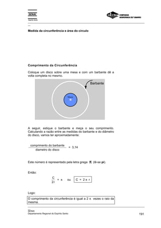Espírito Santo
_________________________________________________________________________________________________
__
_________________________________________________________________________________________________
__
SENAI
Departamento Regional do Espírito Santo 191
Medida da circunferência e área do círculo
Comprimento da Circunferência
Coloque um disco sobre uma mesa e com um barbante dê a
volta completa no mesmo.
Music
Barbante
A seguir, estique o barbante e meça o seu comprimento.
Calculando a razão entre as medidas do barbante e do diâmetro
do disco, vamos ter aproximadamente:
comprimento do barbante
diametro do disco
= 3,14
Este número é representado pela letra grega π
π
π
π (lê-se pi).
Então:
C
r
2
= π ou C = 2 π r
Logo:
O comprimento da circunferência é igual a 2 π vezes o raio da
mesma.
 