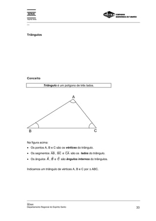 Espírito Santo
_________________________________________________________________________________________________
__
_________________________________________________________________________________________________
__
SENAI
Departamento Regional do Espírito Santo 33
Triângulos
Conceito
Triângulo é um polígono de três lados.
A
C
B
Na figura acima:
• Os pontos A, B e C são os vértices do triângulo.
• Os segmentos AB , BC e CA são os lados do triângulo.
• Os ângulos ∃
A , ∃
B e ∃
C são ângulos internos do triângulos.
Indicamos um triângulo de vértices A, B e C por ∆ ABC.
 