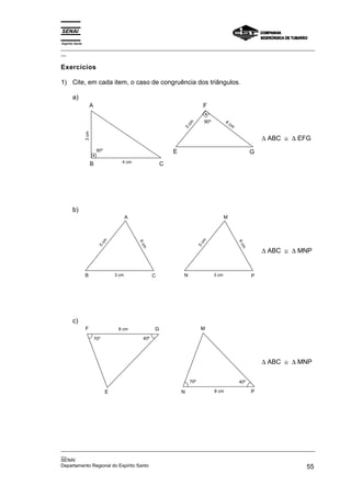 Espírito Santo
_________________________________________________________________________________________________
__
_________________________________________________________________________________________________
__
SENAI
Departamento Regional do Espírito Santo 55
Exercícios
1) Cite, em cada item, o caso de congruência dos triângulos.
a)
A
B C
90º
4 cm
3
cm
G
E
F
3
c
m
4
cm
90º
∆ ABC ≅ ∆ EFG
b)
A
C
6
c
m
B
5
c
m
3 cm
M
P
6
c
m
N
5
c
m
3 cm
∆ ABC ≅ ∆ MNP
c)
M
N P
8 cm
40º
70º
E
F G
8 cm
40º
70º
∆ ABC ≅ ∆ MNP
 