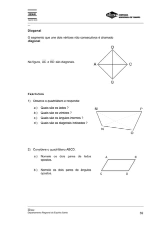 Espírito Santo
_________________________________________________________________________________________________
__
_________________________________________________________________________________________________
__
SENAI
Departamento Regional do Espírito Santo 59
Diagonal
O segmento que une dois vértices não consecutivos é chamado
diagonal.
Na figura, AC e BD são diagonais.
D
B
C
A
Exercícios
1) Observe o quadrilátero e responda:
a ) Quais são os lados ?
b ) Quais são os vértices ?
c ) Quais são os ângulos internos ?
d ) Quais são as diagonais indicadas ?
M P
N
O
2) Considere o quadrilátero ABCD.
a ) Nomeie os dois pares de lados
opostos.
b ) Nomeie os dois pares de ângulos
opostos.
A B
C D
 