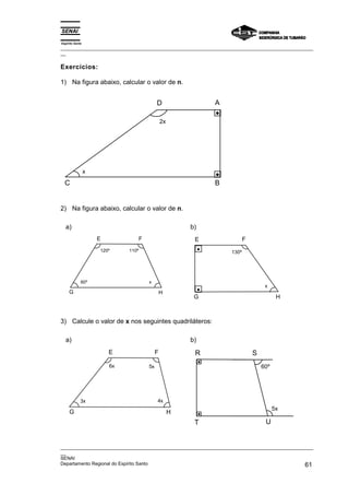 Espírito Santo
_________________________________________________________________________________________________
__
_________________________________________________________________________________________________
__
SENAI
Departamento Regional do Espírito Santo 61
Exercícios:
1) Na figura abaixo, calcular o valor de n.
D A
C B
2x
x
2) Na figura abaixo, calcular o valor de n.
a)
E F
G H
110º
x
120º
60º
b)
E F
H
G
130º
x
3) Calcule o valor de x nos seguintes quadriláteros:
a)
E F
G H
5x
4x
6x
3x
b)
R S
T U
60º
5x
 