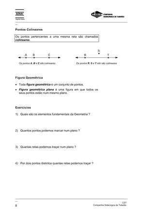 Espírito Santo
_________________________________________________________________________________________________
__
_________________________________________________________________________________________________
__
CST
8 Companhia Siderúrgica de Tubarão
Pontos Colineares
Os pontos pertencentes a uma mesma reta são chamados
colineares.
A B C R T
S
Os pontos A, B e C são colineares Os pontos R, S e T não são colineares
Figura Geométrica
• Toda figura geométrica é um conjunto de pontos.
• Figura geométrica plana é uma figura em que todos os
seus pontos estão num mesmo plano.
Exercícios
1) Quais são os elementos fundamentais da Geometria ?
2) Quantos pontos podemos marcar num plano ?
3) Quantas retas podemos traçar num plano ?
4) Por dois pontos distintos quantas retas podemos traçar ?
 