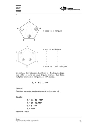 Espírito Santo
_________________________________________________________________________________________________
__
_________________________________________________________________________________________________
__
SENAI
Departamento Regional do Espírito Santo 75
A
B E
C D
1 2
3
5 lados ⇒ 3 triângulos
A
B
C
D
E
F
1 4
3
2
6 lado ⇒ 4 triângulos
. .
. .
. .
. .
. .
. .
. .
. .
. .
n lados ⇒ ( n - 2 ) triângulos
Um polígono de n lados será dividido em (n - 2) triângulos. Logo,
para obter a soma de seus ângulos internos (Sn), basta
multiplicar o número de triângulos por 180º, ou seja:
Sn = ( n - 2 ) . 180º
Exemplo:
Calcular a soma dos ângulos internos do octógono ( n = 8 )
Solução:
Sn = ( n - 2 ) . 180º
S8 = ( 8 - 2 ) . 180º
S8 = 6 . 180º
S8 = 1080º
Resposta: 1080º
 