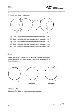 Espírito Santo
_________________________________________________________________________________________________
__
_________________________________________________________________________________________________
__
CST
88 Companhia Siderúrgica de Tubarão
2) Observe a figura e responda:
R
S
P Q
T
C1 C2
C3
C4
C5
a) Qual a posição relativa entre as circunferências C1 e C2 ?
b) Qual a posição relativa entre as circunferências C2 e C3 ?
c) Qual a posição relativa entre as circunferências C1 e C3 ?
d) Qual a posição relativa entre as circunferências C3 e C4 ?
e) Qual a posição relativa entre as circunferências C3 e C5 ?
Arcos
Dados dois pontos distintos A e B sobre uma circunferência,
esta fica dividida em duas partes. Cada uma dessa partes é
denominada arco.
arco menor arco maior
Indicação: AB
Os pontos A e B são as extremidades desses arcos.
 