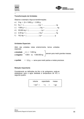 Espírito Santo
_________________________________________________________________________________________________
__
_________________________________________________________________________________________________
__
SENAI
Departamento Regional do Espírito Santo 95
Transformação de Unidades
Observe o exemplo e faça as transformações:
a ) 2 kg = (2 x 1.000) g = 2.000 g
b ) 6 g = (.................................) cg = ............................ cg
c ) 1.600 g = (...............................) kg = ............................ kg
d ) 35.000 mg = (.............................) g = ......................... g
e ) 2,35 kg = (.............................) hg = ........................... hg
f ) 16,2 dg = (.............................) g = .......................... g
Unidades Especiais
Além das unidades vistas anteriormente, temos unidades
especiais:
a tonelada
o megaton
=
( t ) = 1.000 kg
1.000 t ou 1.000.000 kg
servem para medir grandes massas.
o quilate = 0,2 g → serve para medir pedras e metais preciosos
Relação Importante
Considerando as definições de litro e de quilograma, pode-se
estabelecer para a água destilada à temperatura de 4ºC o
seguinte quadro:
volume capacidade massa
1 dm
3
= 1 λ = 1 gk
 