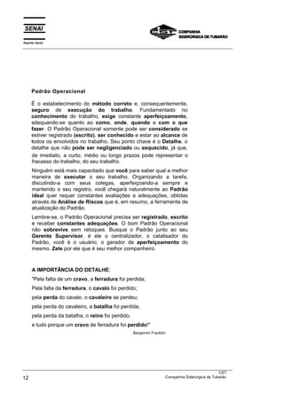Espírito Santo
___________________________________________________________________________________________________




     Padrão Operacional

     É o estabelecimento do método correto e, consequentemente,
     seguro de execução do trabalho. Fundamentado no
     conhecimento do trabalho, exige constante aperfeiçoamento,
     adequando-se quanto ao como, onde, quando e com o que
     fazer. O Padrão Operacional somente pode ser considerado se
     estiver registrado (escrito), ser conhecido e estar ao alcance de
     _
     todos os envolvidos no trabalho. Seu ponto chave é o Detalhe, o
     detalhe que não pode ser negligenciado ou esquecido, já que,
     de imediato, a curto, médio ou longo prazos pode representar o
     fracasso do trabalho, do seu trabalho.
     Ninguém está mais capacitado que você para saber qual a melhor
     maneira de executar o seu trabalho. Organizando a tarefa,
     discutindo-a com seus colegas, aperfeiçoando-a sempre e
     mantendo o seu registro, você chegará naturalmente ao Padrão
     ideal quer requer constantes avaliações e adequações, obtidas
     através de Análise de Riscos que é, em resumo, a ferramenta de
     atualização do Padrão.
     Lembre-se, o Padrão Operacional precisa ser registrado, escrito
     e receber constantes adequações. O bom Padrão Operacional
     não sobrevive sem retoques. Busque o Padrão junto ao seu
     Gerente Supervisor, é ele o centralizador, o catalisador do
     Padrão, você é o usuário, o gerador de aperfeiçoamento do
     mesmo. Zele por ele que é seu melhor companheiro.



     A IMPORTÂNCIA DO DETALHE:
     "Pela falta de um cravo, a ferradura foi perdida;
     Pela falta da ferradura, o cavalo foi perdido;
     pela perda do cavalo, o cavaleiro se perdeu;
     pela perda do cavaleiro, a batalha foi perdida,
     pela perda da batalha, o reino foi perdido,
     e tudo porque um cravo de ferradura foi perdido!"
                                                    Benjamim Frankilin




___________________________________________________________________________________________________
                                                                                               CST
12                                                                 Companhia Siderúrgica de Tubarão
 