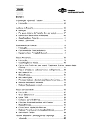 Espírito Santo


Sumário
Segurança e Higiene do Trabalho.......................................... 05
• Introdução ......................................................................... 05

Acidente do Trabalho ............................................................. 06
• Definição ........................................................................... 06
• Por que o Acidente do Trabalho deve ser evitado ............. 07
• Identificação das Causas do Acidente ............................... 08
• Classificação do Acidente.................................................. 11
• Padrão Operacional........................................................... 12

Equipamento de Proteção...................................................... 13
• Introdução ......................................................................... 13
• Equipamento de Proteção Coletiva.................................... 13
• Equipamento de Proteção Individual ................................. 14

Riscos Ambientais.................................................................. 20
• Introdução ......................................................................... 20
• Classificação dos Riscos ................................................... 20
• Fatores que Colaboram para que os Produtos ou Agentes causem danos
   à Saúde ............................................................................. 21
• Vias de Entrada dos Materiais Tóxicos no Organismo....... 22
• Riscos Químicos................................................................ 23
• Riscos Físicos.................................................................... 25
• Riscos Biológicos............................................................... 27
• Principais Medidas e Controle dos Riscos Ambientais....... 28
• Medidas Relativas ao ambiente ......................................... 28
• Medidas Relativas ao pessoal ........................................... 30

Riscos de Eletricidade............................................................ 32
• Introdução ......................................................................... 32
• O que é Eletricidade .......................................................... 32
• Lei de OHM ....................................................................... 33
• Efeitos da Corrente Elétrica ............................................... 34
• Principais Sintomas Causados pelo Choque ..................... 35
• Riscos Elétricos ................................................................. 36
• Cuidados nas Instalações Elétricas ................................... 37
• Medidas Preventivas em Instalações Elétricas .................. 37
• Aterramento Elétrico .......................................................... 39
Noções Básicas de Demarcações de Segurança ...................40
• Introdução ..........................................................................40
 