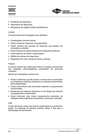 Espírito Santo
___________________________________________________________________________________________________



• Emblemas de segurança;
• Dispositivos de segurança;
• Mangueiras de oxigênio (solda oxiacetilênica).

Laranja
O laranja deverá ser empregado para identificar:

• Canalizações contendo ácidos;
• Partes móveis de máquinas e equipamentos;
• Partes internas das guardas de máquinas que possam ser
  removidas ou abertas;
• Faces internas de caixas protetoras de dispositivos elétricos;
• Faces externas de polias e engrenagens;
• Botões de arranque de segurança;
• Dispositivos de corte, bordas de serras, prensas;

Púrpura
A púrpura deverá ser usada para indicar os perigos provenientes
das radiações eletromagnéticas penetrantes de partículas
nucleares.
Deverá ser empregada a púrpura em:

• Portas e aberturas que dão acesso a locais onde se manipulam
  ou armazenam materiais radioativos ou materiais contaminados
  pela radioatividade;
• Locais onde tenham sido enterrados materiais e equipamentos
  contaminados;
• Recipientes de materiais radioativos ou de refugos de materiais
  e equipamentos contaminados;
• Sinais luminosos para indicar equipamentos produtores de
  radiações eletromagnéticas penetrantes e partículas nucleares.

Lilás
O lilás deverá ser usado para indicar canalizações que contenham
álcalis. As refinarias de petróleo poderão utilizar o lilás para a
identificação de lubrificantes.




___________________________________________________________________________________________________
                                                                                               CST
44                                                                 Companhia Siderúrgica de Tubarão
 