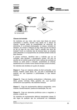 Espírito Santo
___________________________________________________________________________________________________




Classes de Incêndio
Os incêndios em seu início, são muito mais fáceis de serem
controlados e extintos. Quanto mais rápido for a ataque às
chamas, maiores serão as possibilidades de reduzi-las, de
eliminá-las. E a principal preocupação, no ataque, consiste em
desfazer, em romper o triângulo do fogo. Mas que tipo de ataque
se faz ao fogo em seu início? Qual a solução que deve ser
tentada? Como os incêndios são de diversos tipos, as soluções
serão diferentes e os equipamentos de combate também serão de
tipos diversos.
É preciso conhecer, identificar bem o incêndio que se vai
combater, para escolher o equipamento correto. Um erro na
escolha de um extintor pode tornar inútil o esforço de combater as
chamas ou pode piorar a situação, aumentando as chamas,
espalhando-as ou criando novas causas de fogo (curtos-circuitos).
Os incêndios são divididos em quatro (4) classes:

Classe A - Fogo em materiais sólidos de fácil combustão, como
tecidos, madeira, papel, fibras, etc., que têm a propriedade de
queimar em sua superfície e profundidade, e que deixam
resíduos.

Classe B - Fogo em líquidos combustíveis e inflamáveis, como
óleos, graxas, vernizes, tintas, gasolina, etc., que queimam
somente em sua superfície, não deixando resíduos.

Classe C - Fogo em equipamentos elétricos energizados, como
motores, transformadores, quadros de distribuição, fios, etc.

Classe D - Fogo em elementos pirofóricos como o magnésio, o
zircônio, o titânio, etc.
Os incêndios em equipamentos elétricos energizados (classe C)
são fogos de qualquer tipo de combustível em instalações
___________________________________________________________________________________________________
SENAI
Departamento Regional do Espírito Santo                                                       63
 