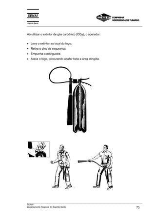 Espírito Santo
___________________________________________________________________________________________________



Ao utilizar o extintor de gás carbônico (CO2), o operador:


• Leva o extintor ao local do fogo;
• Retira o pino de segurança;
• Empunha a mangueira;
• Ataca o fogo, procurando abafar toda a área atingida.




___________________________________________________________________________________________________
SENAI
Departamento Regional do Espírito Santo                                                       73
 