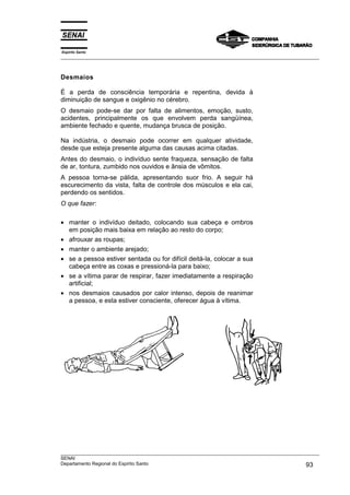Espírito Santo
___________________________________________________________________________________________________



Desmaios

É a perda de consciência temporária e repentina, devida à
diminuição de sangue e oxigênio no cérebro.
O desmaio pode-se dar por falta de alimentos, emoção, susto,
acidentes, principalmente os que envolvem perda sangüínea,
ambiente fechado e quente, mudança brusca de posição.

Na indústria, o desmaio pode ocorrer em qualquer atividade,
desde que esteja presente alguma das causas acima citadas.
Antes do desmaio, o indivíduo sente fraqueza, sensação de falta
de ar, tontura, zumbido nos ouvidos e ânsia de vômitos.
A pessoa torna-se pálida, apresentando suor frio. A seguir há
escurecimento da vista, falta de controle dos músculos e ela cai,
perdendo os sentidos.
O que fazer:

• manter o indivíduo deitado, colocando sua cabeça e ombros
  em posição mais baixa em relação ao resto do corpo;
• afrouxar as roupas;
• manter o ambiente arejado;
• se a pessoa estiver sentada ou for difícil deitá-la, colocar a sua
  cabeça entre as coxas e pressioná-la para baixo;
• se a vítima parar de respirar, fazer imediatamente a respiração
  artificial;
• nos desmaios causados por calor intenso, depois de reanimar
  a pessoa, e esta estiver consciente, oferecer água à vítima.




___________________________________________________________________________________________________
SENAI
Departamento Regional do Espírito Santo                                                       93
 